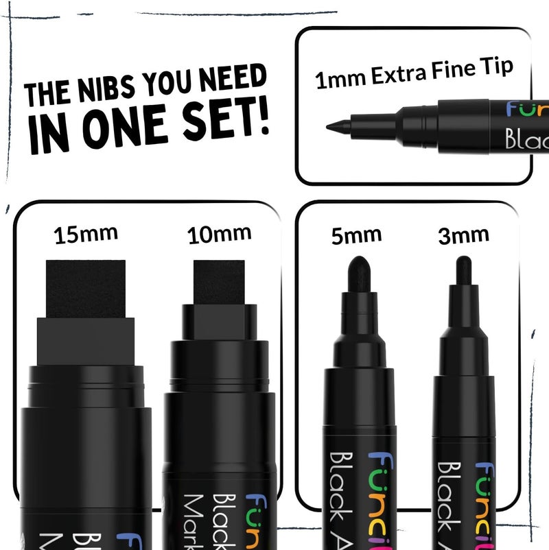 Funcils 5 Acrylic Black Paint Pen - Fine Tip, Thin Point & Jumbo Pens (1mm, 3mm, 6mm, 10mm, 15mm) - Black Paint Marker for Plastic, Canvas, Wood, Rock Painting, Fabric, Tire, Metal, Glass - Image 2